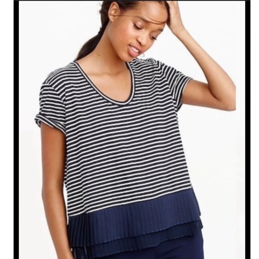 J. Crew Navy and White‎ Striped  Pleated Chiffon Hem Blouse sz XL